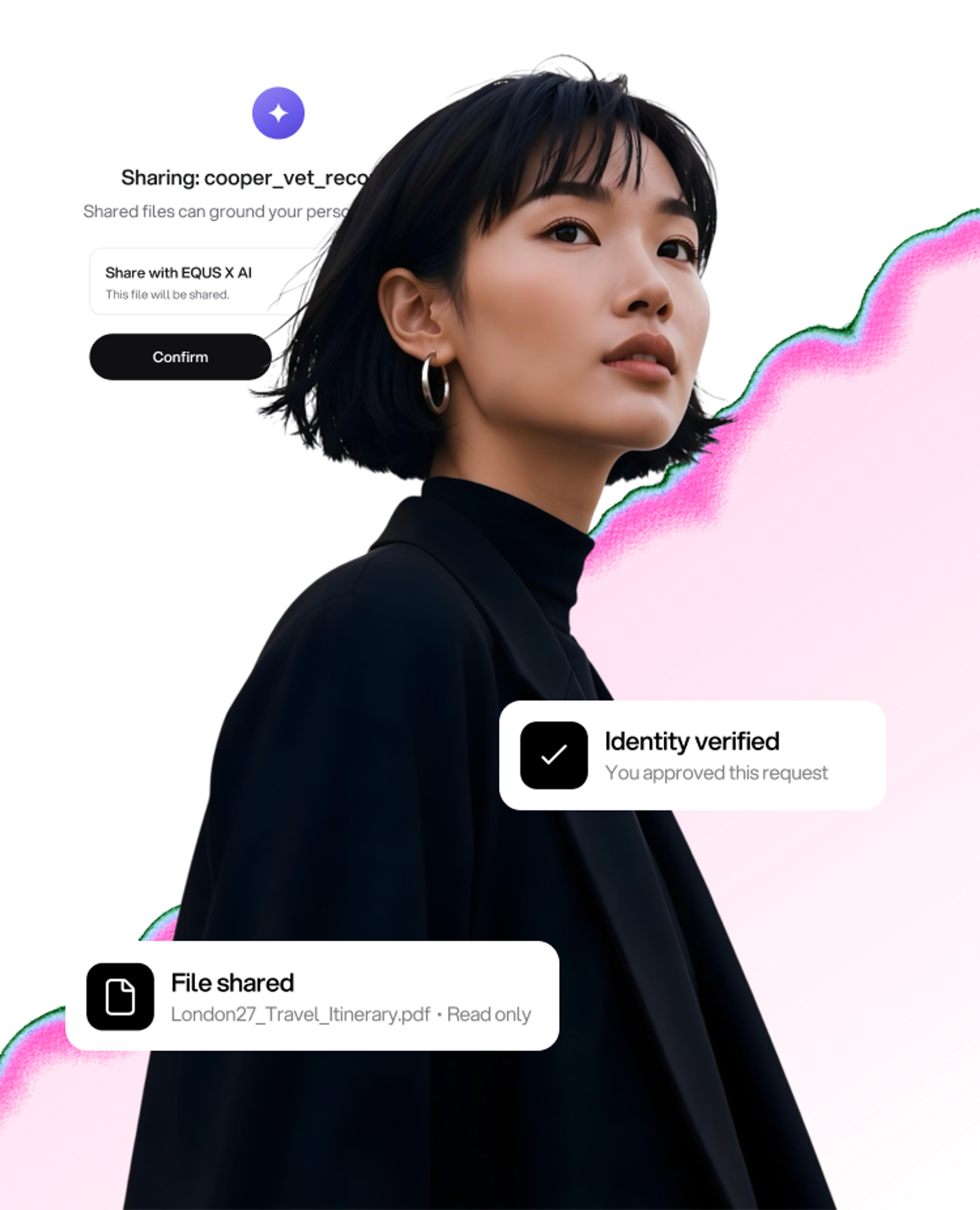 A woman with file sharing and identity verified cards around her