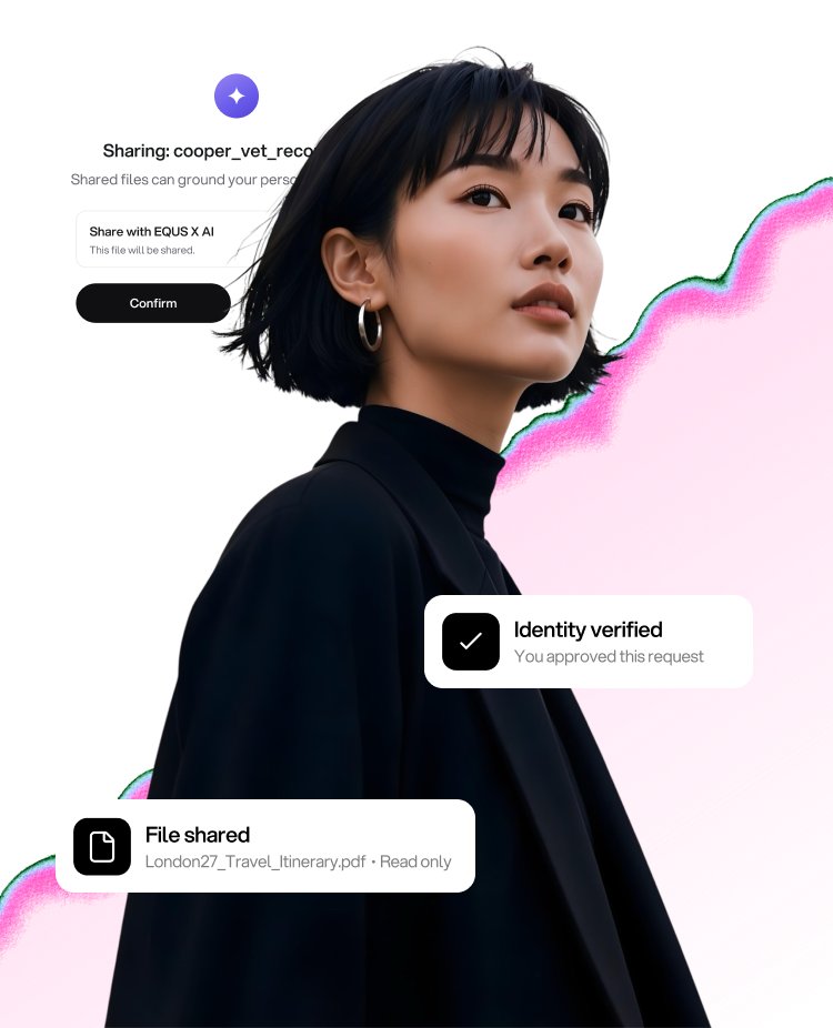 A woman with file sharing and identity verified cards around her