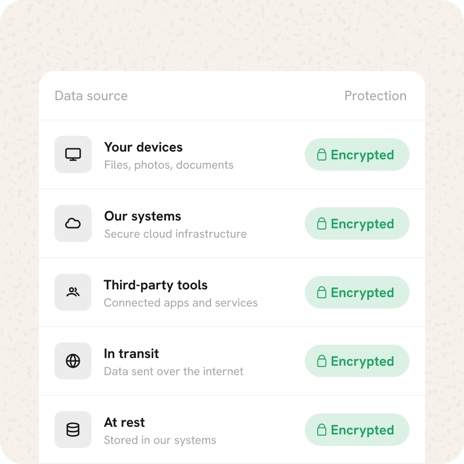 Every data source, from your devices to storage at rest, is encrypted