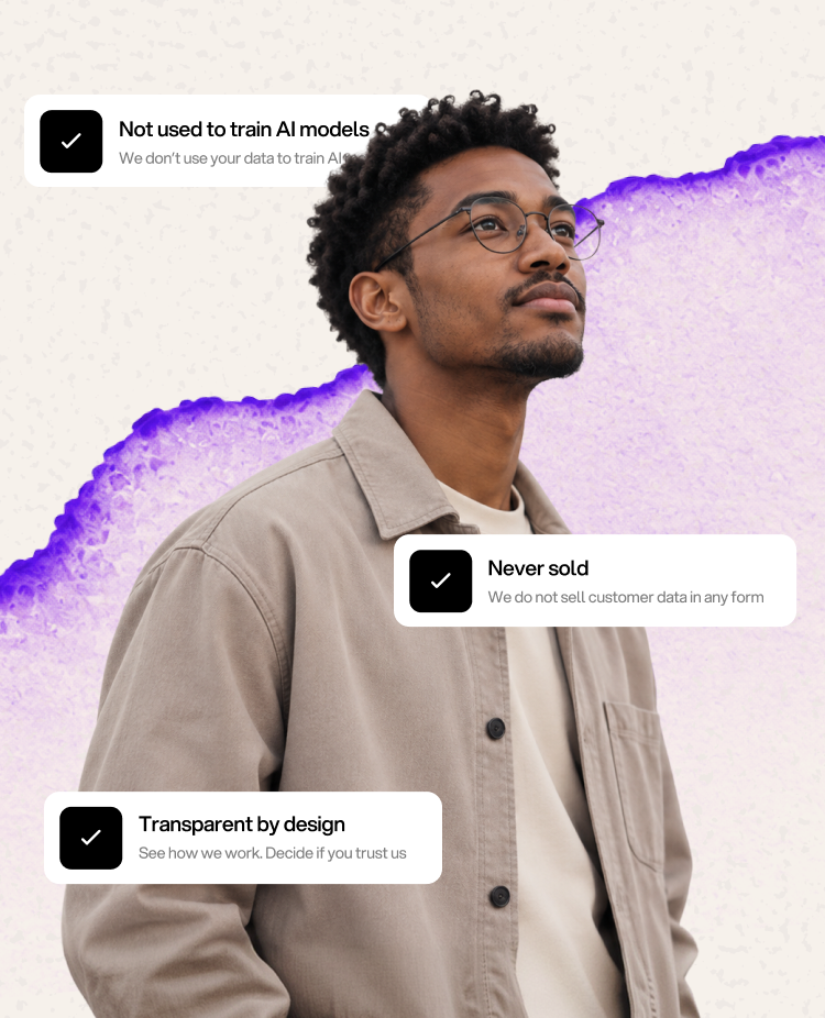 A man in glasses next to three promises: not used to train AI models, never sold, transparent by design