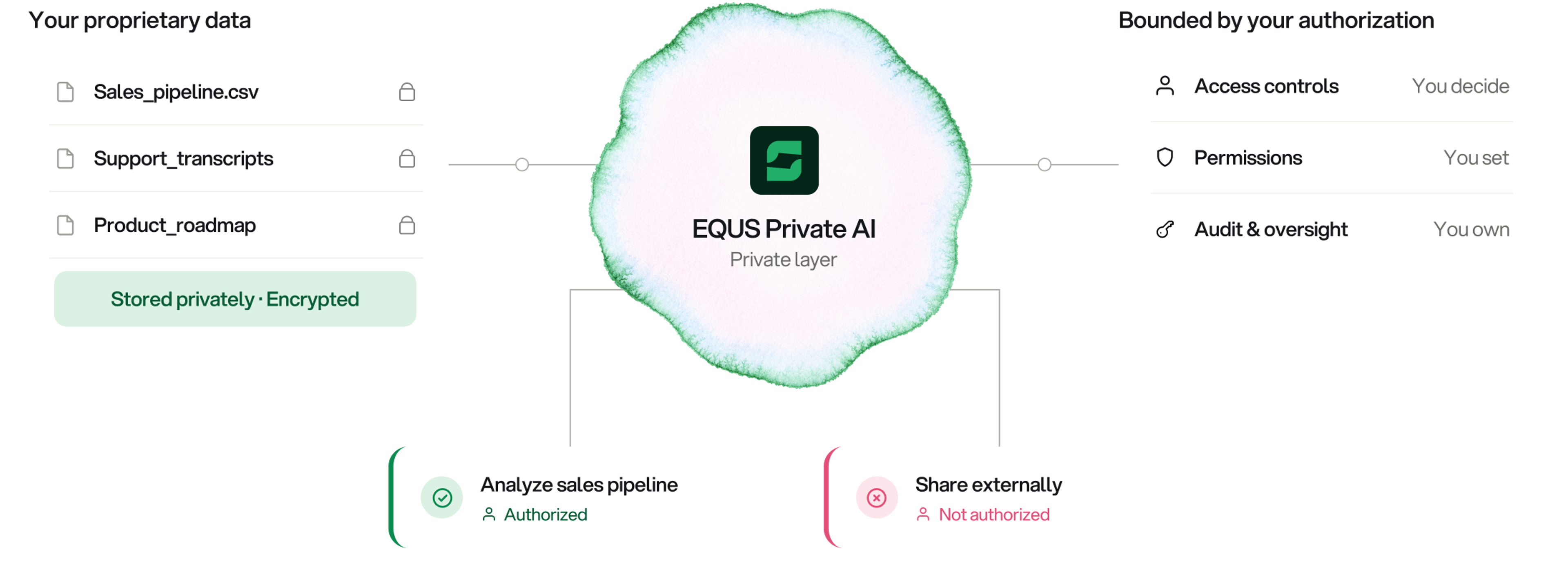 Your proprietary data on one side, your authorization on the other, EQUS private AI between them