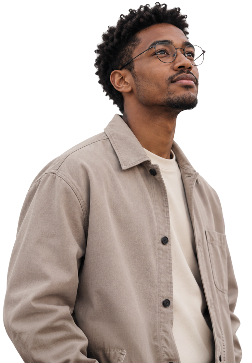 A man in glasses looking ahead