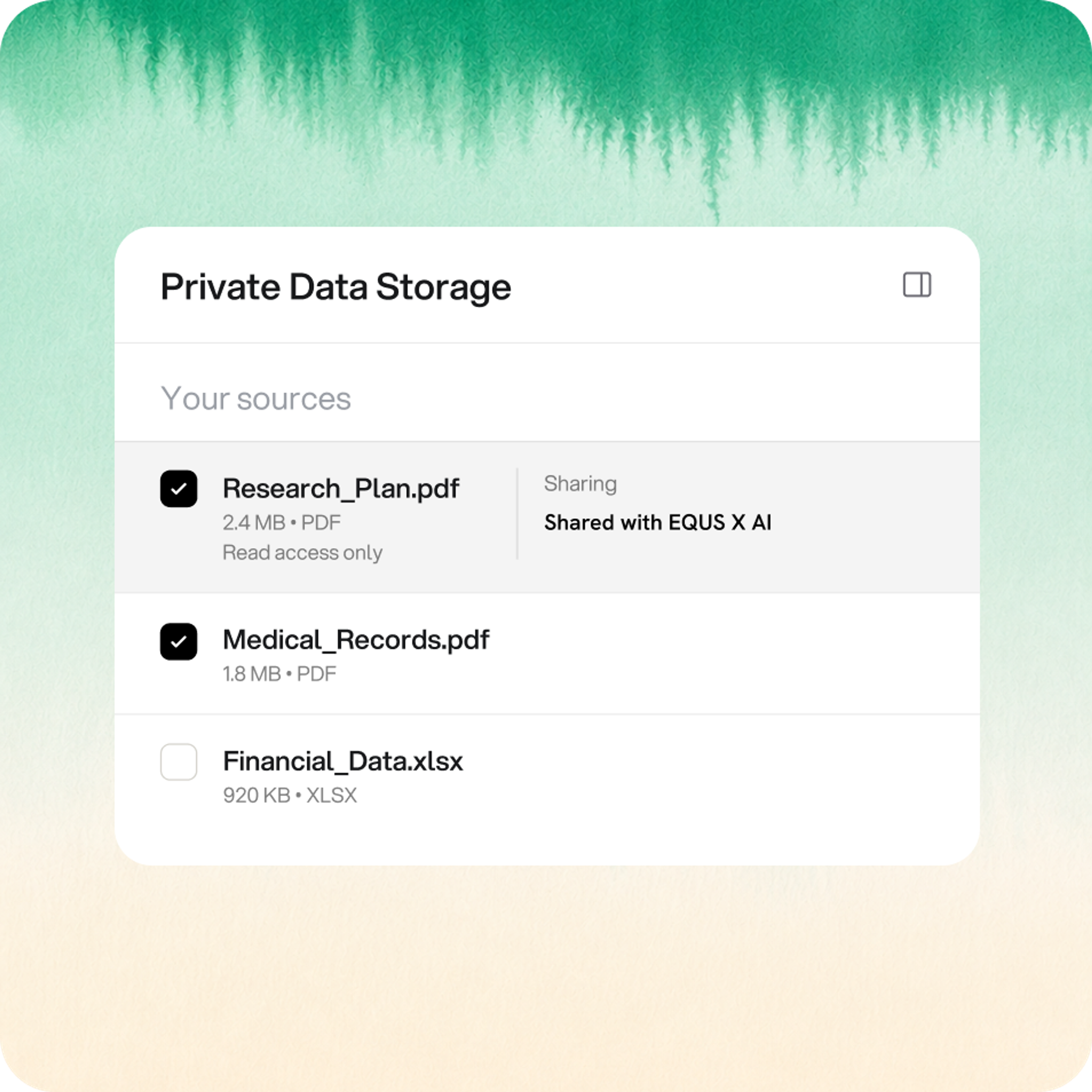 Private data storage panel with files chosen for sharing