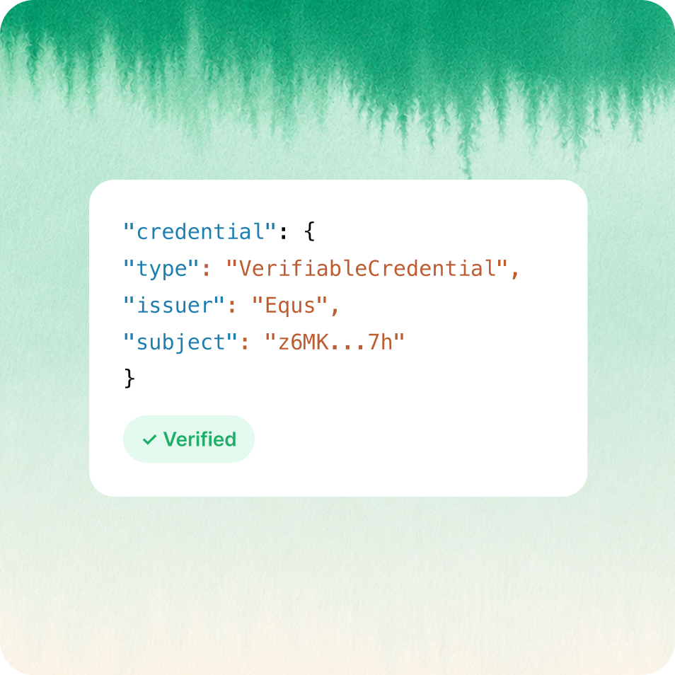A verifiable credential issued by EQUS, shown as code