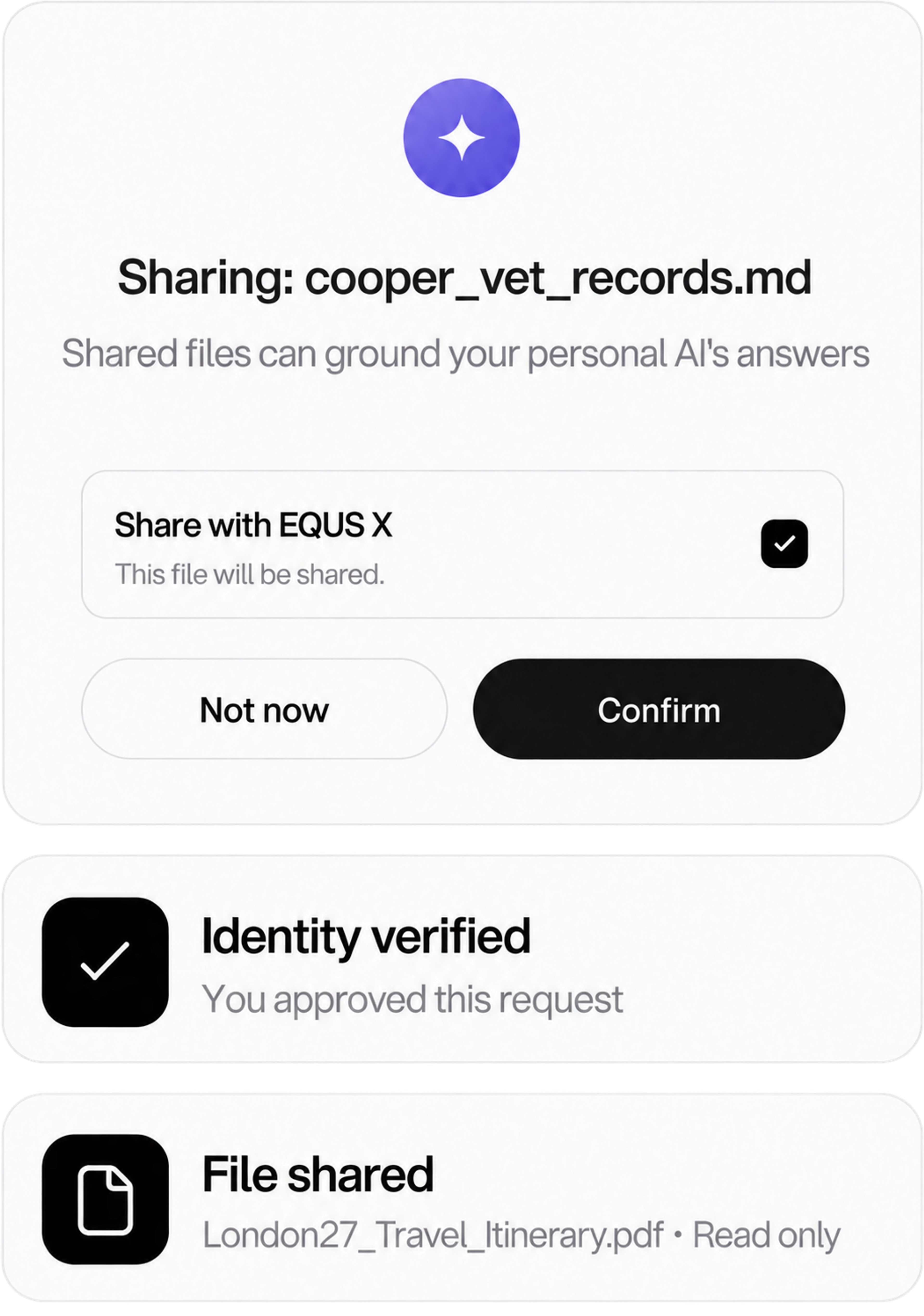 File sharing request, identity verified and file shared cards