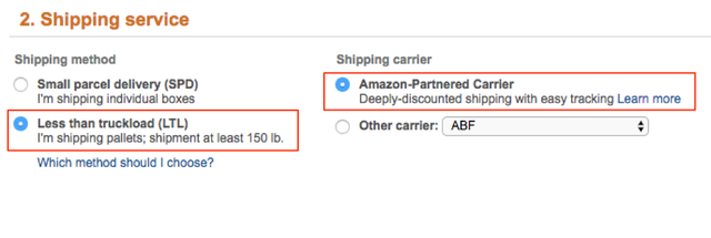 Amazon Seller Central shipping service step with Less than truckload (LTL) and Amazon-Partnered Carrier selected, highlighted in red