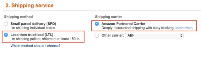 Amazon Seller Central shipping service step with Less than truckload (LTL) and Amazon-Partnered Carrier selected, highlighted in red