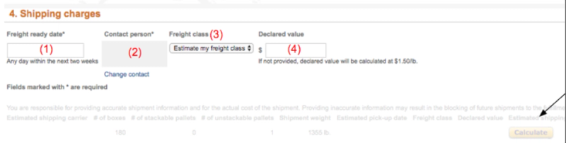 Amazon Shipping charges step with numbered fields for freight ready date, contact person, freight class, and declared value before the Calculate button.