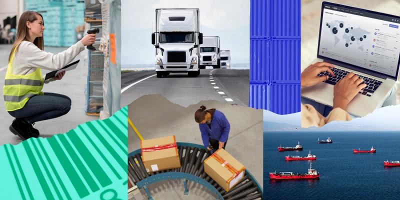 Collage of warehouse worker scanning, white trucks on highway, packed boxes on conveyor, laptop dashboard, and cargo ships
