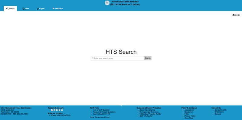 USITC Harmonized Tariff Schedule HTS Search page with empty search box and footer links for the 2017 HTSA Revision 1 Edition