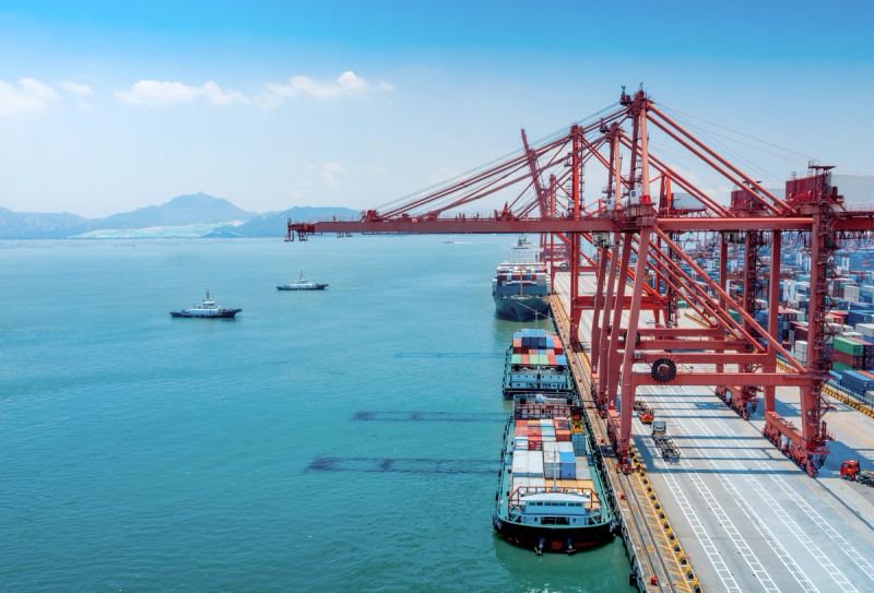 Container ships dock at a busy port terminal with industrial cranes and cargo handling equipment.