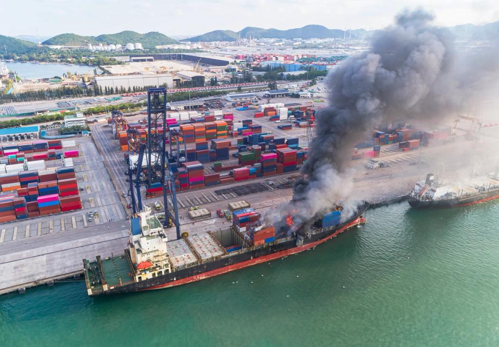 Cargo ship docked at a port terminal catches fire, with thick smoke billowing from its deck near stacked shipping containers.