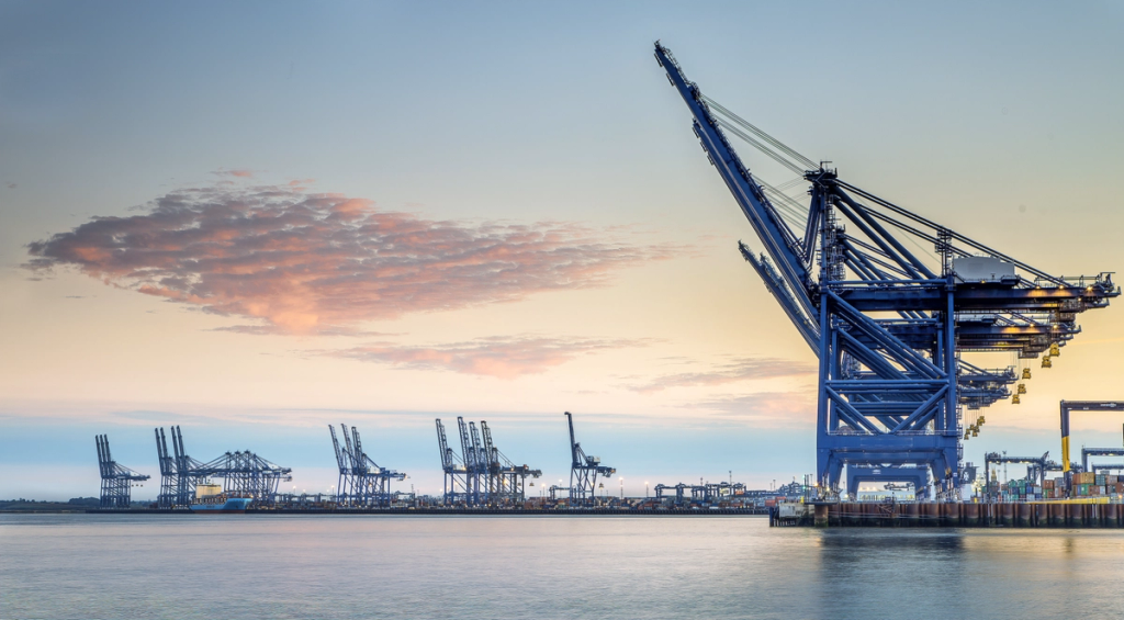 Container cranes and cargo handling equipment operate at a busy shipping port during dusk.