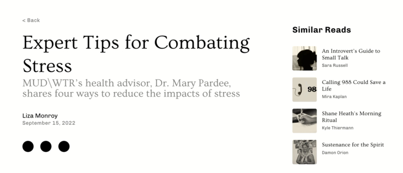 MUD\WTR blog page "Expert Tips for Combating Stress" with similar reads sidebar