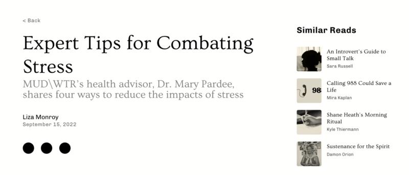 MUD\WTR blog page "Expert Tips for Combating Stress" with similar reads sidebar