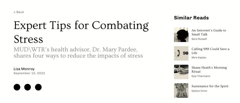 MUD\WTR blog page "Expert Tips for Combating Stress" with similar reads sidebar