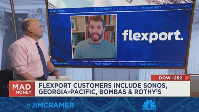 CNBC Mad Money with Jim Cramer interview; Cramer at left, Flexport guest on screen beside Flexport logo, customer chyron below