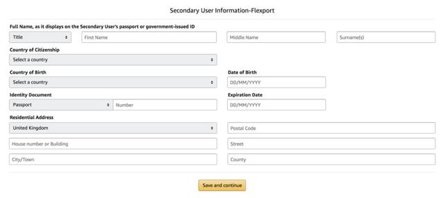 Amazon Secondary User Information form for Flexport with passport name, citizenship, identity document and residential address fields