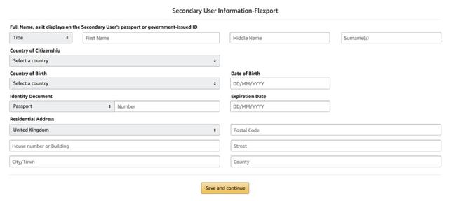 Amazon Secondary User Information form for Flexport with passport name, citizenship, identity document and residential address fields