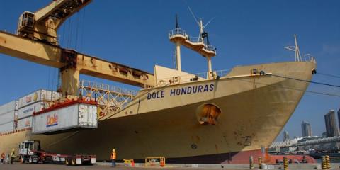 Dockside crane loading Dole reefer containers onto the cargo ship Dole Honduras at a port