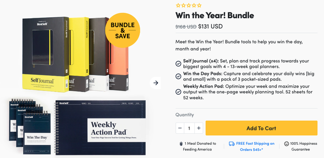 BestSelf 'Win the Year! Bundle' product page showing journals and action pads with an Add To Cart button