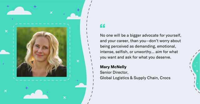 Quote card with headshot of Mary McNelly, Senior Director at Crocs, on advocating for your career
