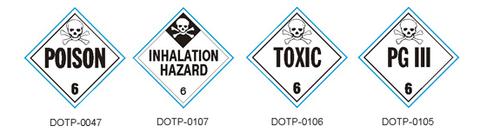 Four Class 6 toxic substance placards: Poison, Inhalation Hazard, Toxic, and PG III, each with skull-and-crossbones