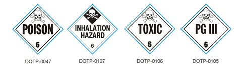 Four Class 6 toxic substance placards: Poison, Inhalation Hazard, Toxic, and PG III, each with skull-and-crossbones