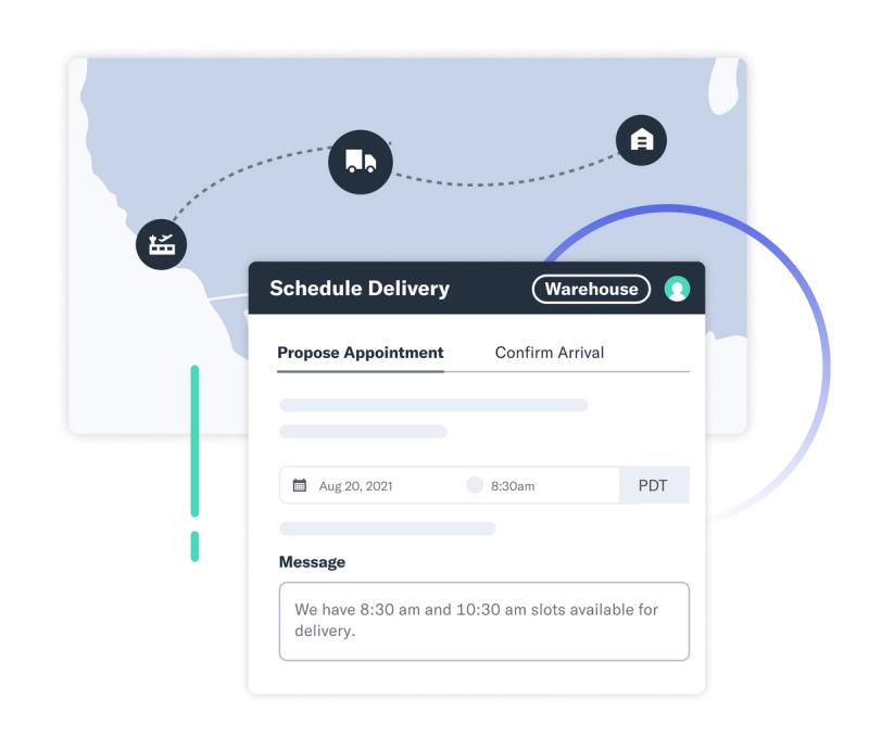 Flexport schedule-delivery interface over a US map route from factory to warehouse, proposing an appointment time