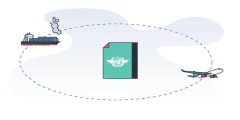 A container ship and an aircraft emitting exhaust inside a dashed loop, around a document bearing a winged-globe regulatory emblem.