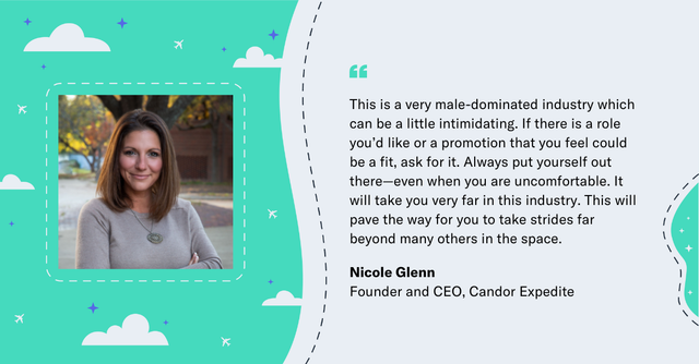 Quote card with headshot of Nicole Glenn, Founder and CEO of Candor Expedite, on a male-dominated industry