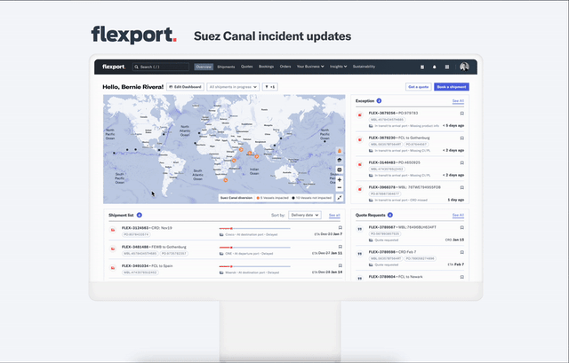 Flexport platform dashboard for Suez Canal incident updates with a world map and shipment exception lists