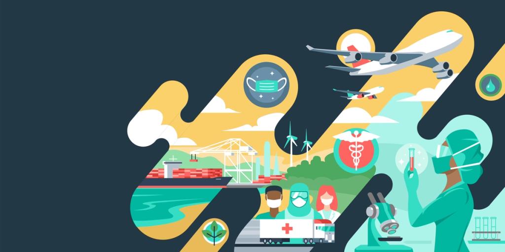 Flat illustration of global supply chain elements: cargo ship, plane, face mask, medical workers, lab and microscope