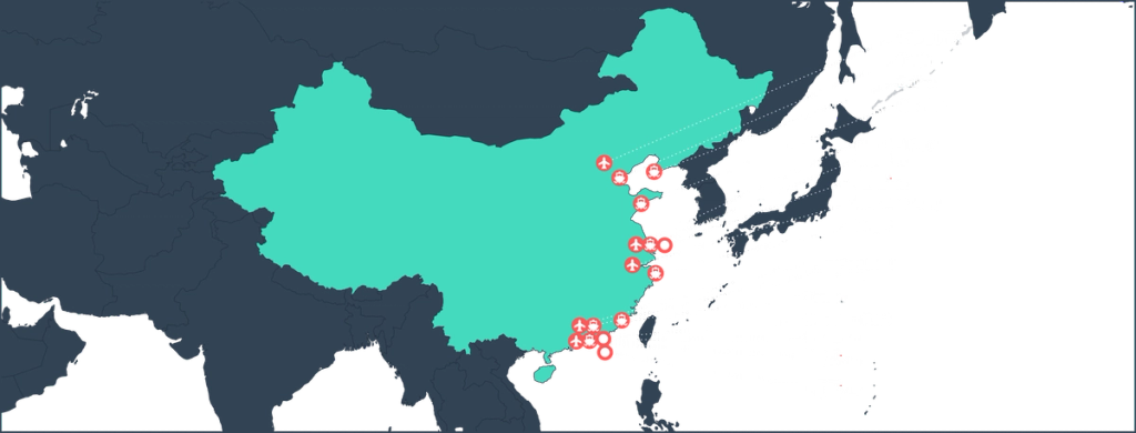 Map of East Asia highlighting China with its major coastal export ports marked