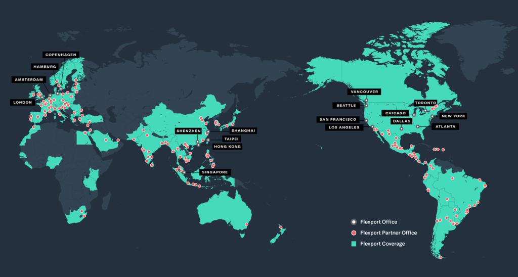 World map marking Flexport offices, partner offices, and coverage across global cities
