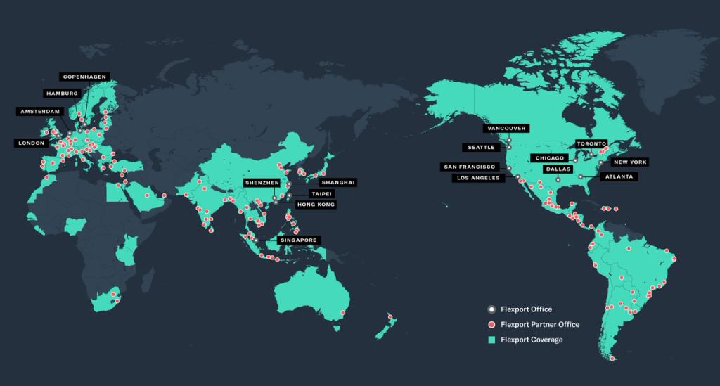 World map marking Flexport offices, partner offices, and coverage across global cities