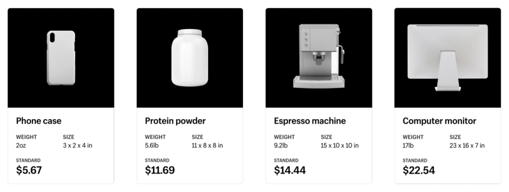 Four product cards for a phone case, protein powder, espresso machine and monitor with weight, size and standard fulfillment price