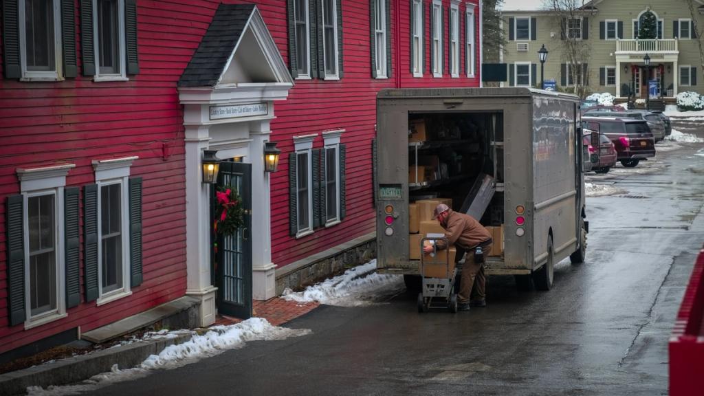 Delivery driver unloads boxes onto a hand truck from a parcel van on a snowy street by a red building