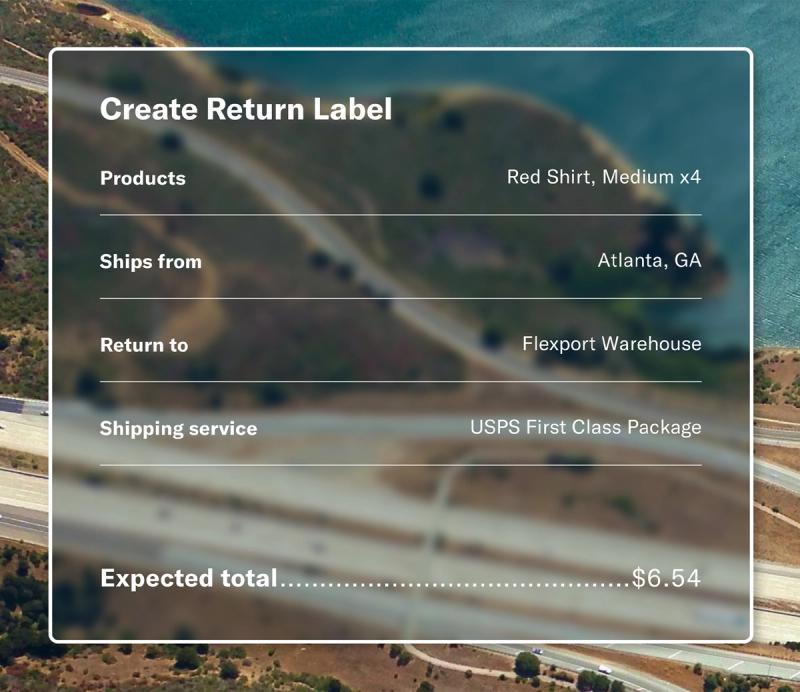 Flexport Create Return Label screen showing product, ship-from, return-to and shipping-service fields with an expected total