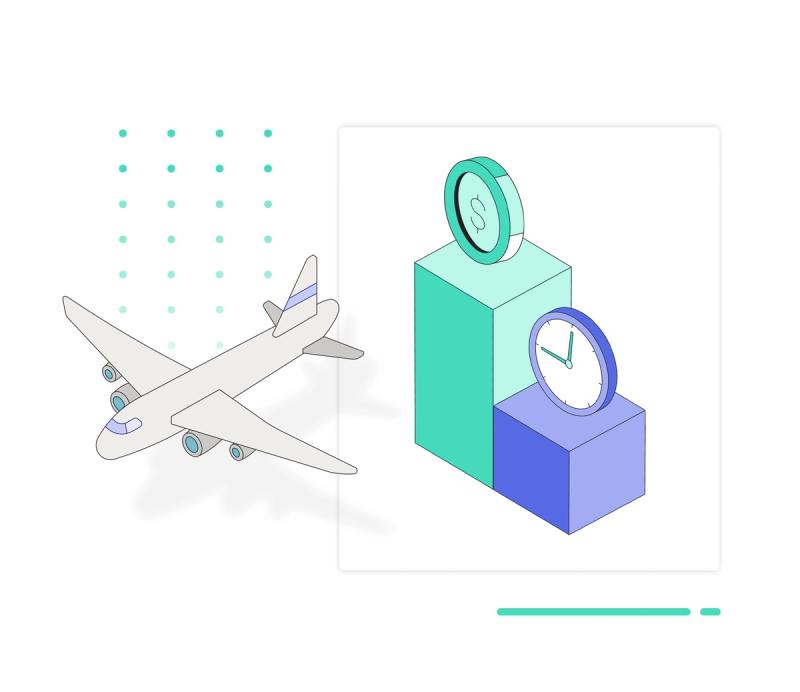 Illustration of an airplane beside bar charts topped with a dollar coin and a clock, representing cost and time tradeoffs