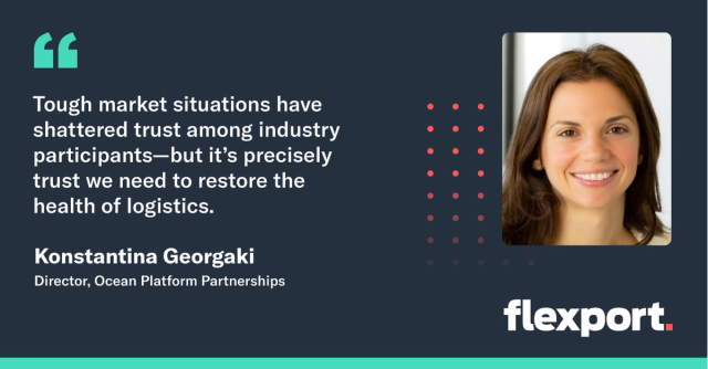 Quote card from Konstantina Georgaki, Director of Ocean Platform Partnerships, on restoring trust in logistics