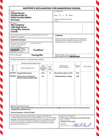 Sample completed Shipper's Declaration for Dangerous Goods form listing UN numbers, proper shipping names, hazard classes, and packing details