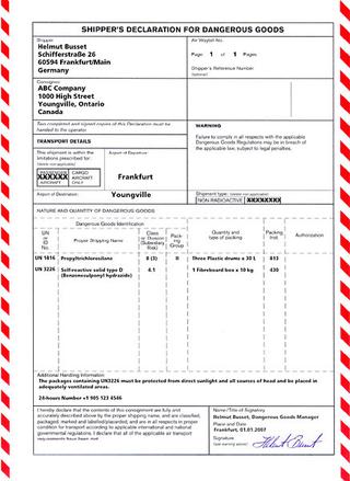 Sample completed Shipper's Declaration for Dangerous Goods form listing UN numbers, proper shipping names, hazard classes, and packing details