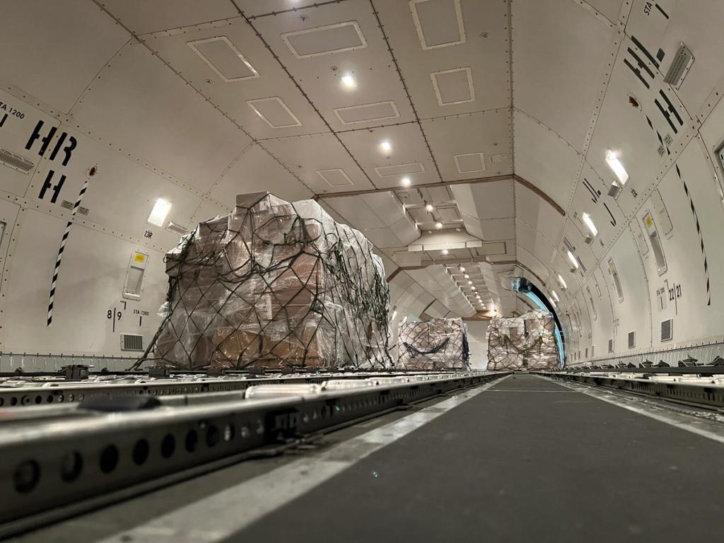 Netted, shrink-wrapped cargo pallets secured in the empty hold of a freighter aircraft