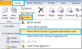 Microsoft Outlook Home ribbon with the Junk dropdown open, highlighting the Never Block Sender's Domain option to whitelist a domain