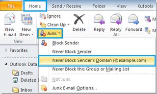 Microsoft Outlook Home ribbon with the Junk dropdown open, highlighting the Never Block Sender's Domain option to whitelist a domain