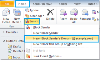 Microsoft Outlook Home ribbon with the Junk dropdown open, highlighting the Never Block Sender's Domain option to whitelist a domain