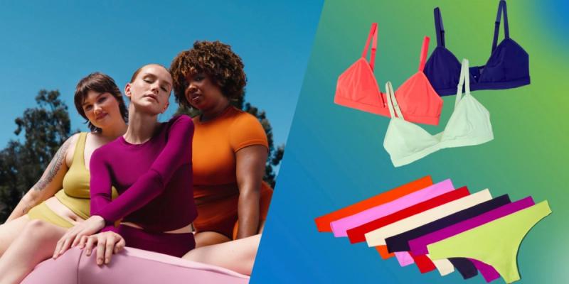 Three women modeling colorful Parade underwear beside a product display of bras and briefs
