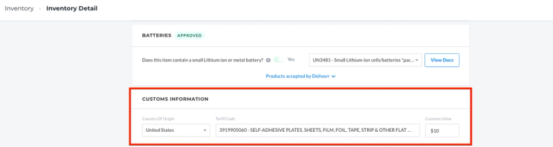 Flexport seller portal inventory screen with customs information fields highlighted in red