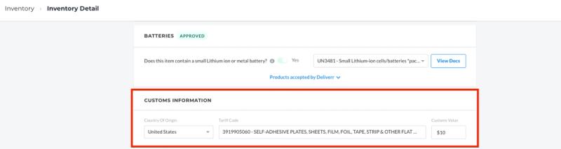 Flexport seller portal inventory screen with customs information fields highlighted in red
